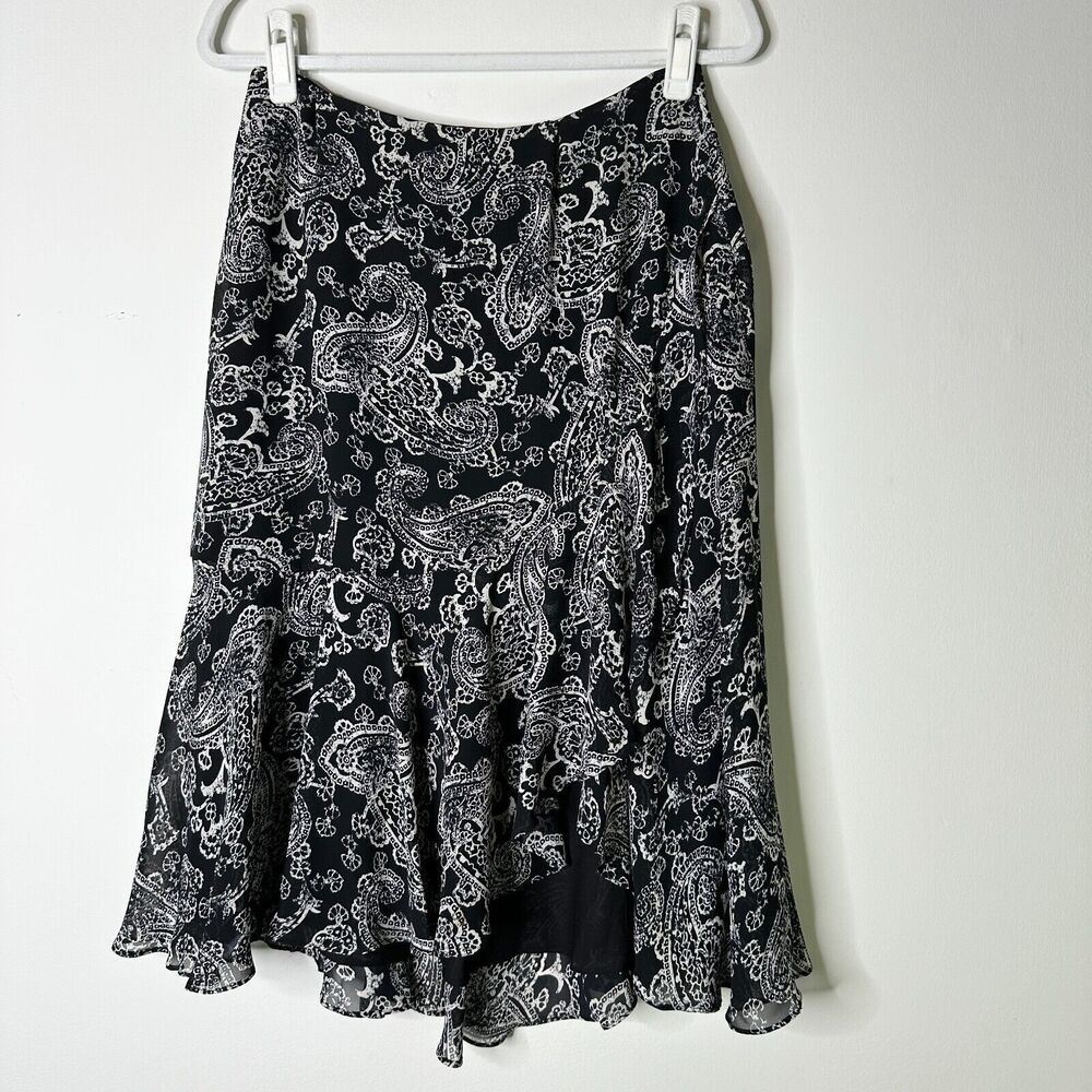 CHAPS RALPH LAUREN Skirt Women 6 Lined Black White Paisley Feminine Flounce NWOT